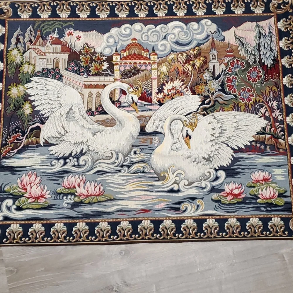 Vintage Faberge Franklin mint Swan Lake Tapestry Wool Cotton